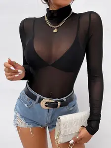 Viral Black Sheer Mesh Long Sleeve Top Sexy Mock Neck See Through Shirt Y2K Baddie Aesthetic Night Out Outfit Festival Rave Wear Layering Base Top Slim Fit Minimalist Chic Streetwear Trendy Clubwear Spring Fashion