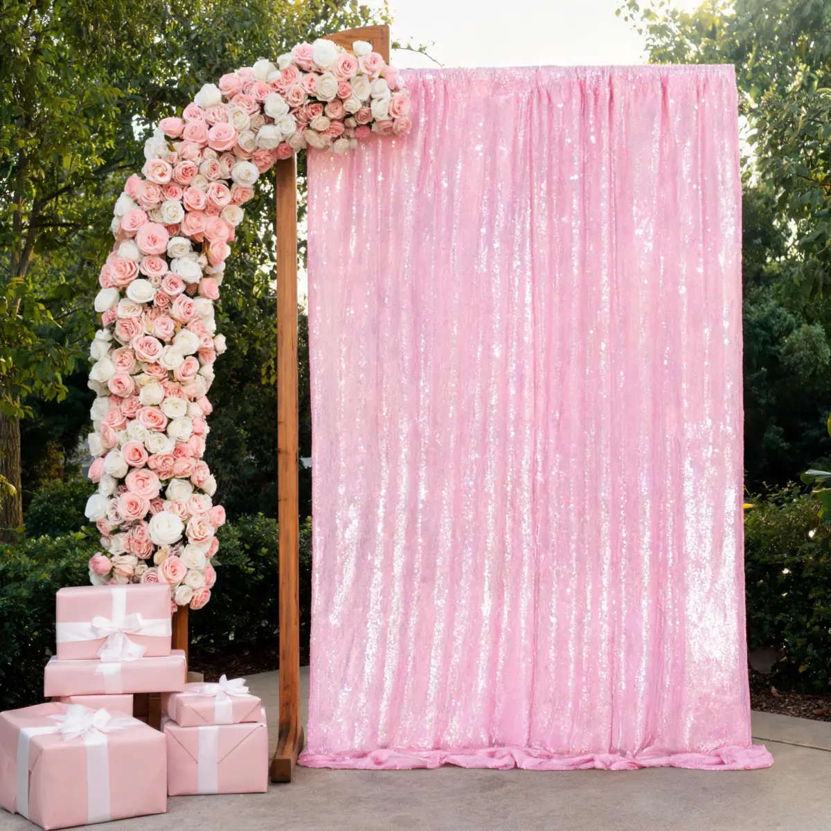 1-Piece 4ft x 8ft Polyester Pink Glitter Sequin Glam Backdrop Curtain, Festive Christmas Parties & Wedding Photography Home Supplies Drapes