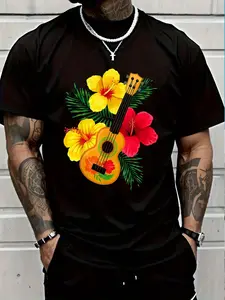 100% Cotton Hawaiian Ukulele Retro Uke Hibiscus T-Shirt Women's Men's Graphic Tee Crew Neck summer vacation Tops