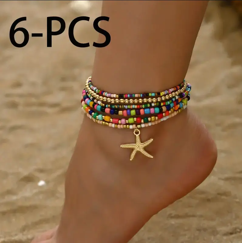 Women's 6Pcs Assorted Boho Anklets - Gold, Beach Charm, Beaded Strand Styles, Metal Alloy with Gold Starfish, Multicolored Beads, Metal Coating, Geometric Handmade Multi-Layer Stackable for Vacation, Outdoor Fun, Gold Anklets, Beach Charm Anklets
