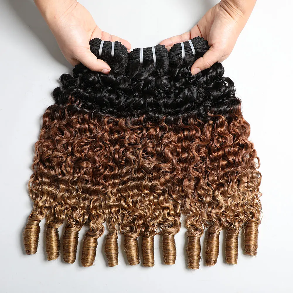 VIPbeauty Ombre Blonde Burmese Curly Human Hair Bundle Unprocessed Burmese Raw Hair Extension Real Human Hair Natural Color Spiral Hair Weft Extensions Quick Weave Bundle