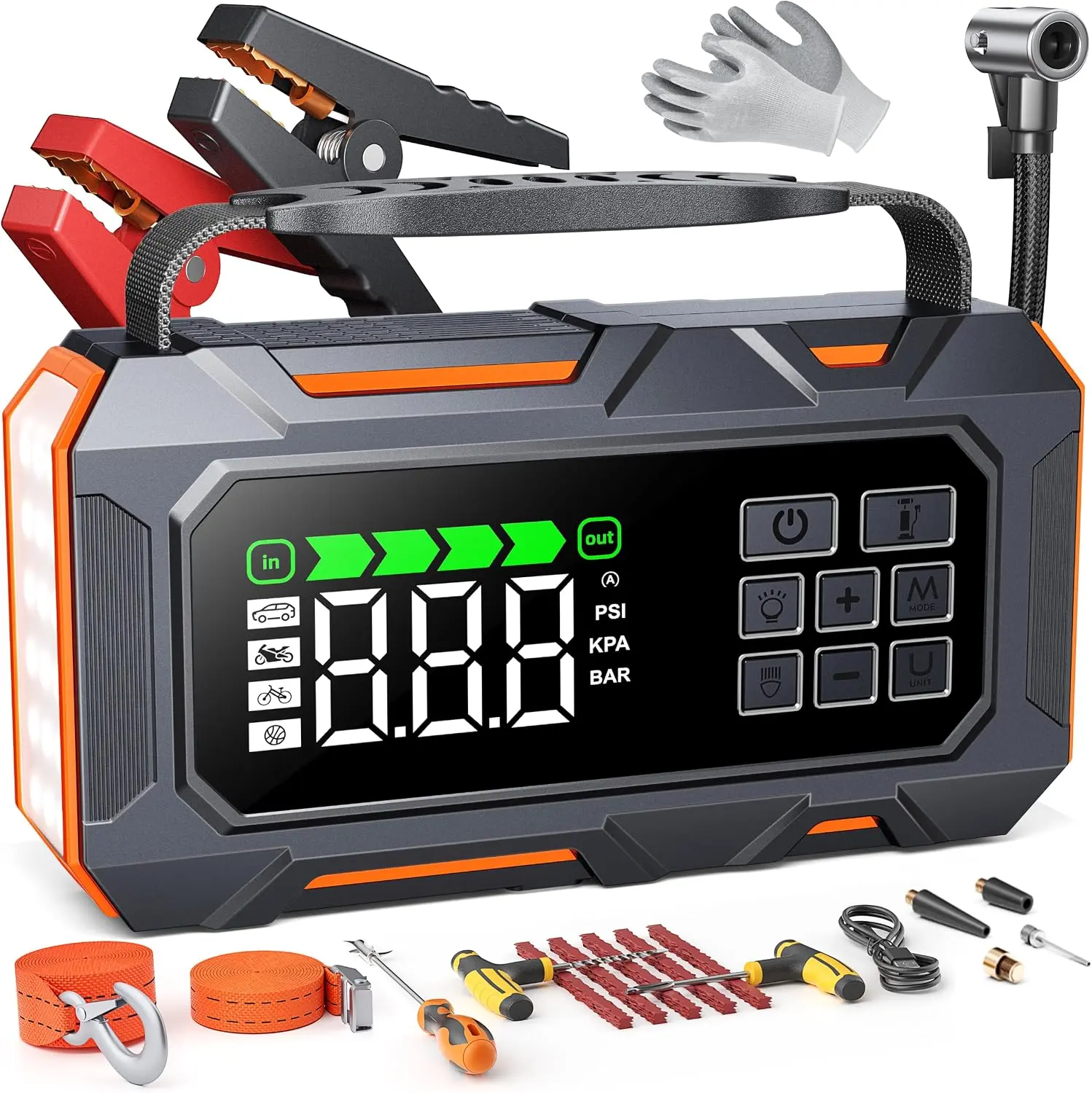 TREKURE TK20 26800mAh 16-in-1 8000A Car Battery Jump Starter with Air Compressor 160PSI, Jump Starter Jump Box (All Gas 12L Diesel) with Portable Jumper Cables, Auto-Shutoff Tire Inflator, Gloves, Tow Rope