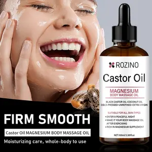 ROZINO Magnesium Castor Oil Body Massage Oil 100ml Black Castor Oil Coconut Oil Cold Pressed Unrefined Extra Virgin Rich Magnesium Supplement All Skin Types Post Workout Massage Peaceful Night Firm Smooth Full Body Moisturizing