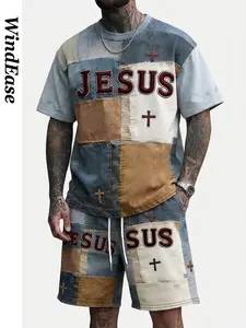 Unisex Jesus Faith Vintage Patchwork Print T-Shirt, Casual Streetwear Christian Cross Design, Short Sleeve Knit Top for Men and Women