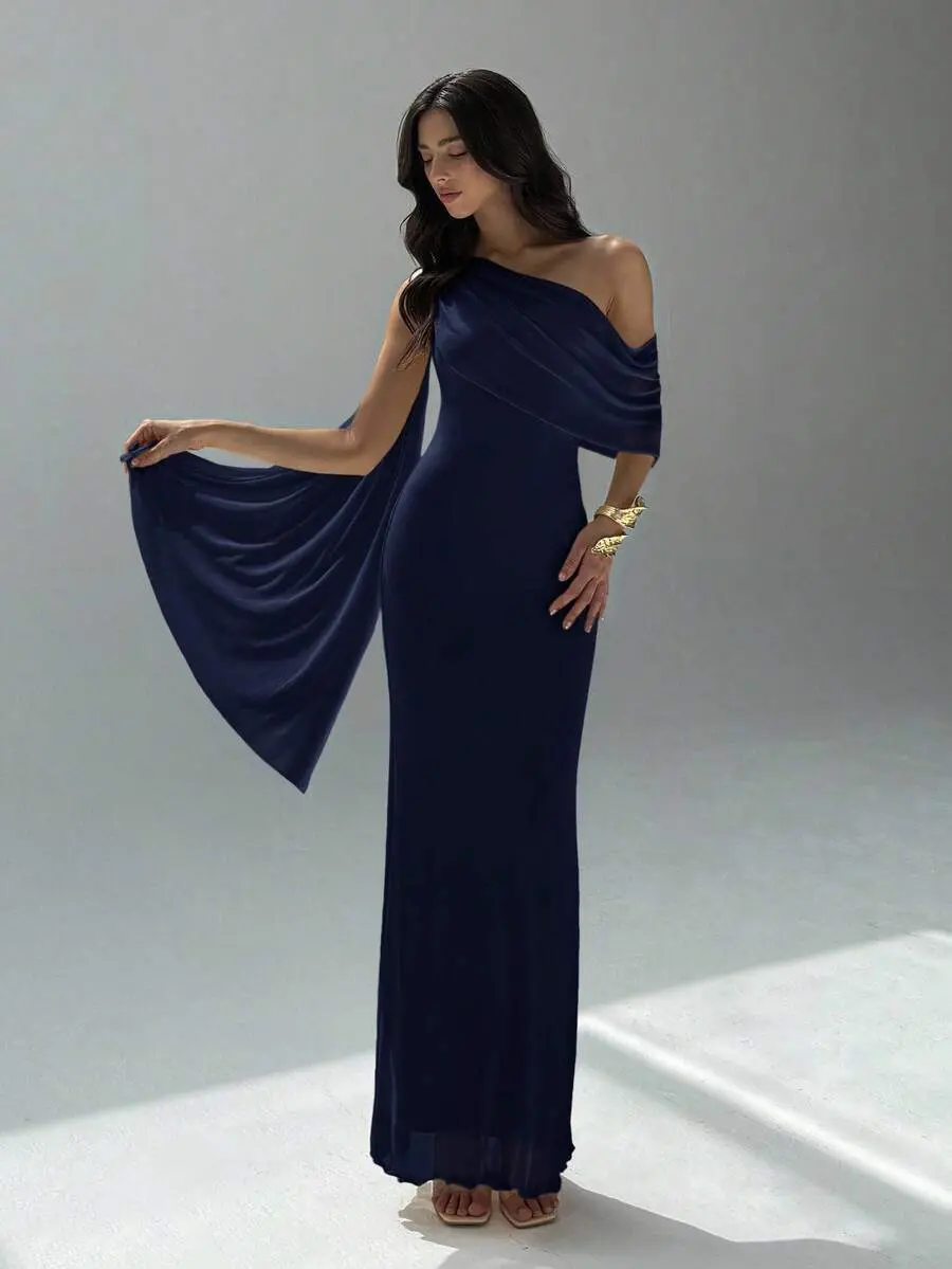 ARTYOTI Women's Solid Color Asymmetric-Shoulder Dress,Dresses For Women Elegant,New Year Party Elegant,Navy Blue Dress,Bodycon