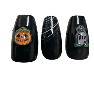 Hand Painted Halloween Nail Art Set with Pumpkin Spider Web and RIP Design for Festive Season