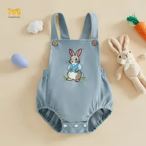 Baby Boy Easter Romper Casual Bunny Embroidered Sleeveless Newborn Overalls Jumpsuit