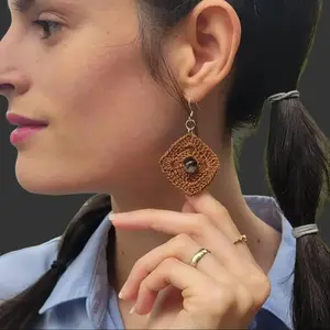 Handmade Square Crochet Dangling Earrings – Geometric Boho Cotton Jewelry (1.5'')
