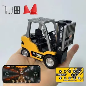 1/64 Alloy Forklift Truck Toy Mini Remote Control Forklift Truck RC Construction Truck with Rechargeable Battery, 2 in 1 Lift Fork & Hook with Lights & Sounds for Adults Kids Boys and Girls Christmas Gifts Birthday Gifts