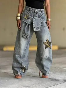 Women'S Jeans with Leopard Print And Star Patches, Vintage-Style Washed Wide-Leg Pants with a Curved Blade Design And Tie-Up Patchwork