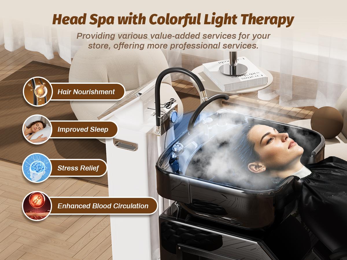 Baasha Professional Shampoo Chair and Bowl Set | Adjustable Hair Wash Station with Neckrest | Memory Foam Soft Cushion Head Spa Chair | Complete Accessories Included | Modern All-Black Design | Shipped in 2 Separate Packages for Safety