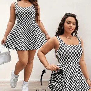 Plus Size Women Black & White Grid/Checkerboard Sleeveless A-Line Hem High Elasticity Comfortable Fabric Yoga/Casual Dress With Pocket, Suitable For Summer, Autumn, Campus, Outdoor, Everyday