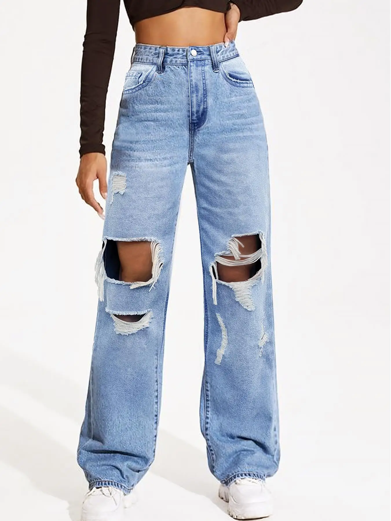 Women's Cut Out Ripped Wide Leg Jeans, Fashion Casual High Waist Straight Leg Distressed Denim Pants for Daily Outdoor Wear, Ladies Bottoms for All S