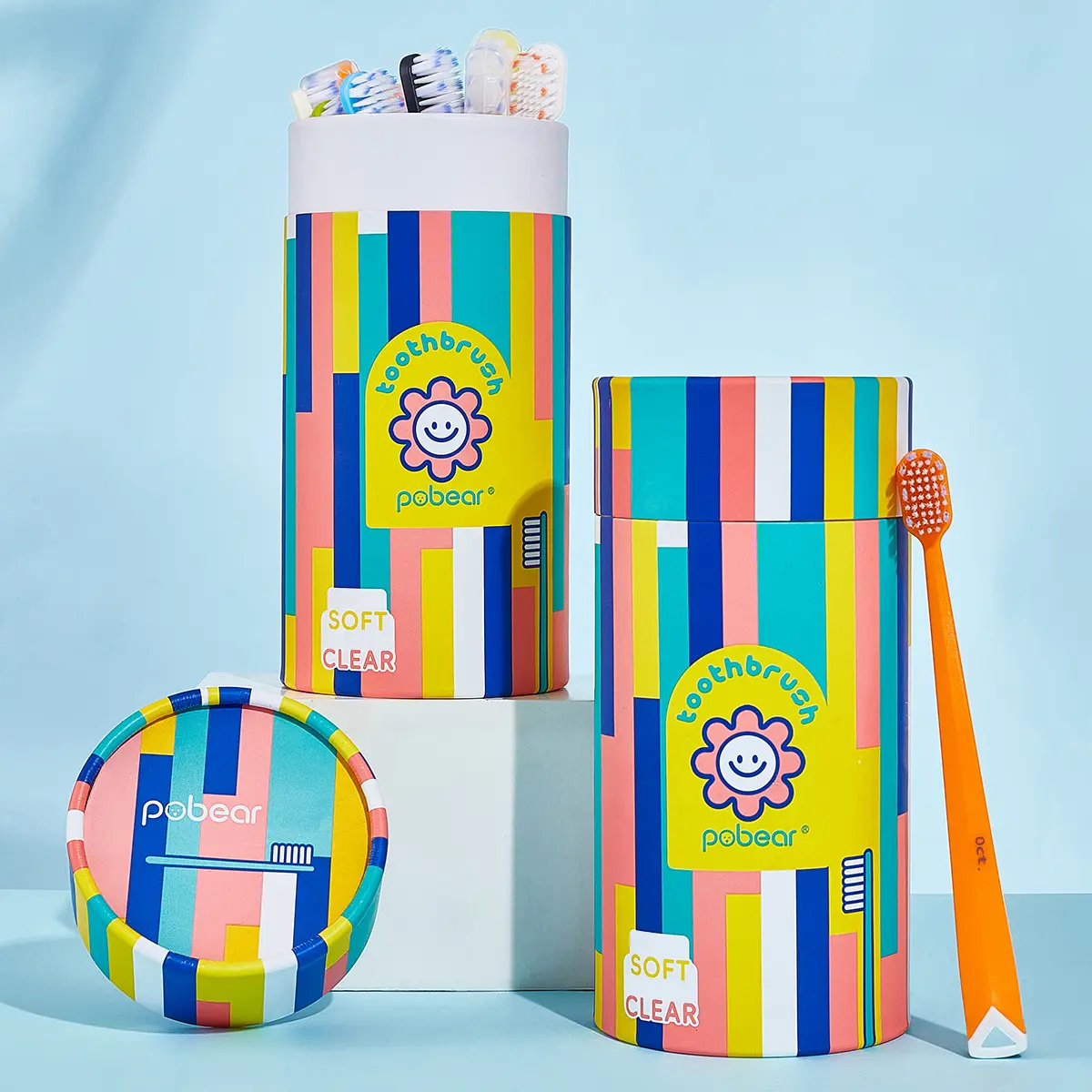 [12 Gift Buckets] Innovative bucket toothbrush, clean and hygienic, 12 rainbow colors monthly disposable toothbrush, wide head design, light feather soft bristles, curved brush handle.
