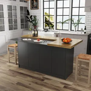 6.4ft L-Shaped Kitchen Island with Wood Top Modern Design Spacious Countertop 6-Door Storage Cabinet Breakfast Bar & Dining Table for 4-6 People Beveled Edges Sturdy Construction Black