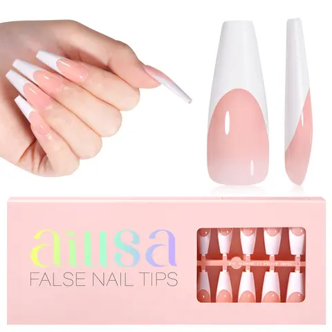 Aillsa Long Coffin White French Tip False Nails Multi-Pack - 180pcs Acrylic Soft Gel Full Cover Set, 15 Sizes, Peach Nude/Brown, Easy to Wear, Soak Off, Reusable, Comfortable Fit, Included Glue, BackToSchool Beauty Nail Art Kit