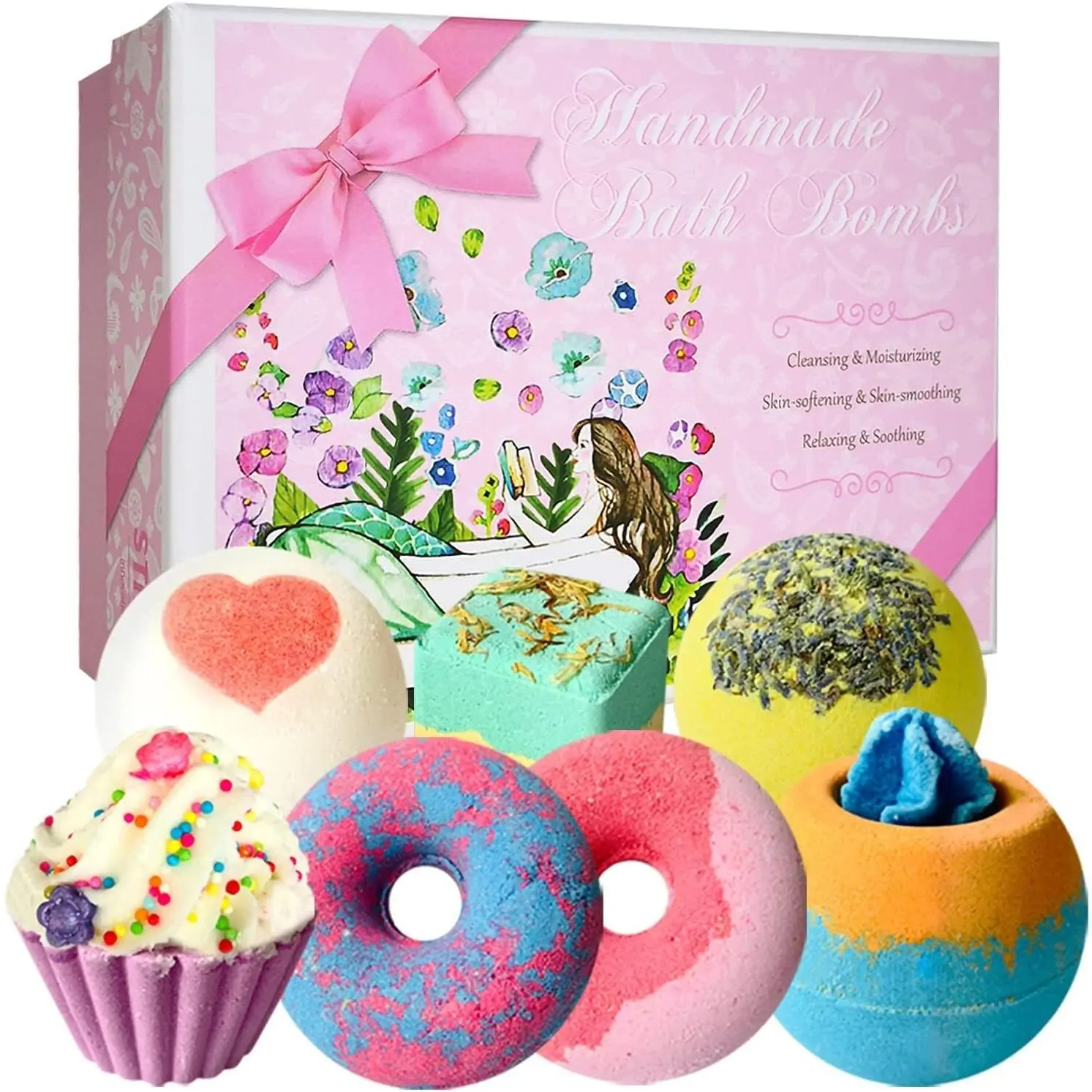 P-PSD042    Bath Bombs, 7 Natural Bath Bomb Gift Set, Handmade Bubble Bathbombs for Women Kids, Gifts for Mom Her Girlfriend, Mothers Day Gifts, Birthday Valentines Christmas Gifts for Women Body Care Scent