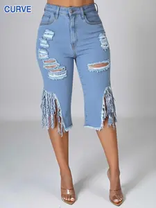 Women's Denim Shorts, Fashionable Distressed Design, Elastic Waistband, Comfortable Fit, Perfect for Casual Wear & Daily