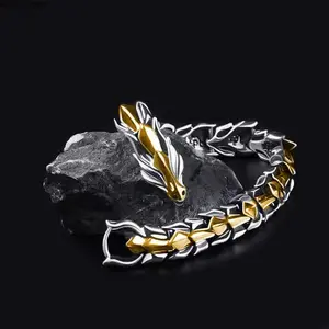 Antiqued Silver Stainless Steel Viking Dragon Scale Ouroboros Chain Jewelry Bracelet - Heavy Gothic Biker Style, Durable, Bold for Streetwear, Punk Outfits