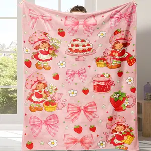 Cute Strawberry Shortcake Themed Blanket – Adorable Kawaii Pastry & Strawberry Print Soft Throw for Bedroom Decor, Movie Nights & Cute Gift Ideas!A gift suitable for fans, friends and children Suitable for use in offices, sofas, and travel settings, etc.