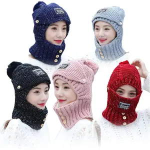 2-in-1 Windproof Knitted Hat with Ear Protectors, Mask Scarf Integrated Cap, Full Coverage Elastic Warm for Outdoor Riding