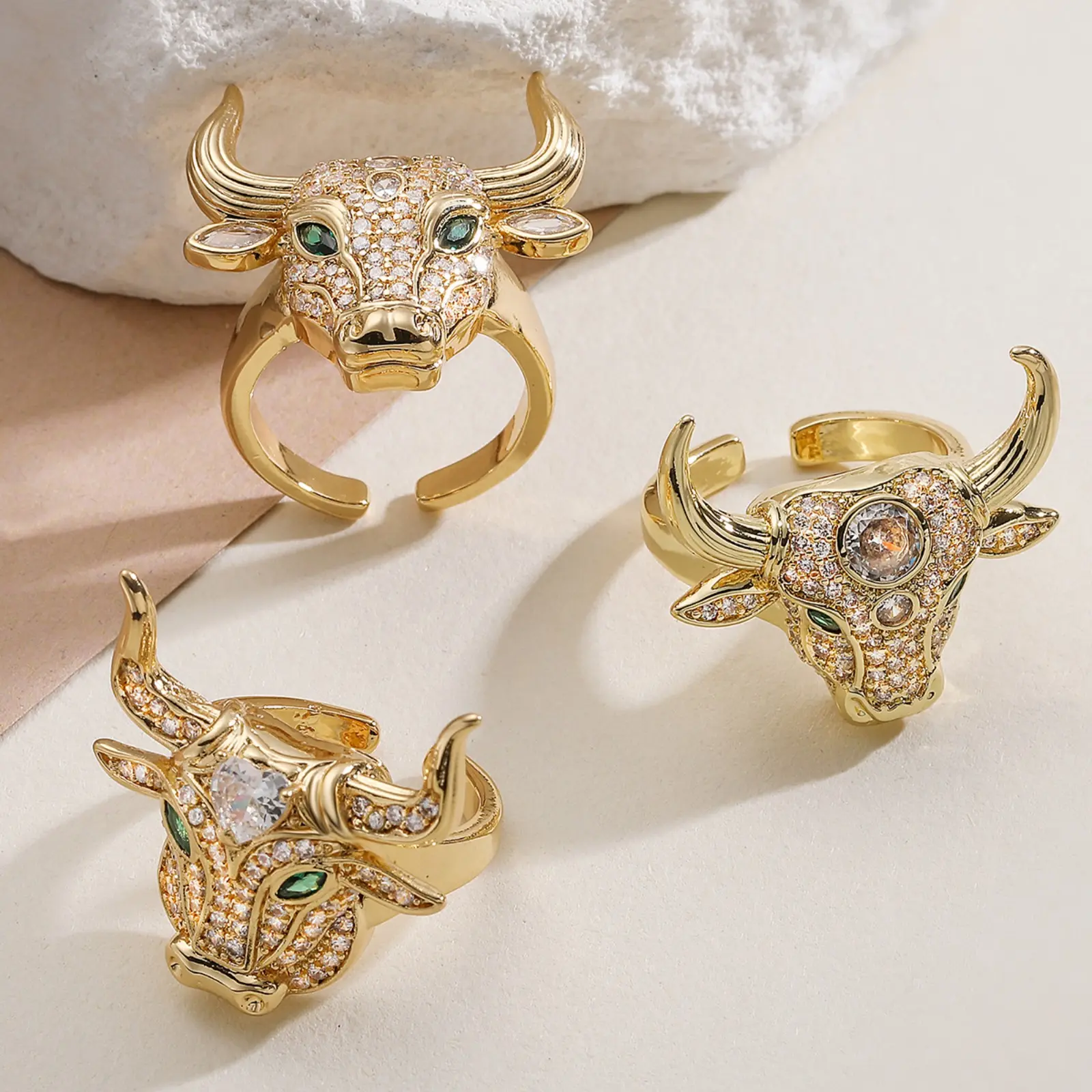 Trendy 18K Gold-Plated Copper Bull Head Ring with Zircon — Niche, Distinctive, and Hip-Hop Style