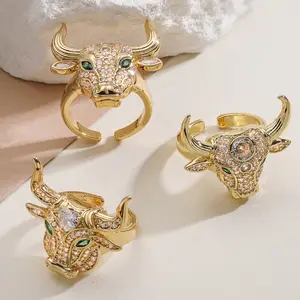 Trendy 18K Gold-Plated Copper Bull Head Ring with Zircon — Niche, Distinctive, and Hip-Hop Style