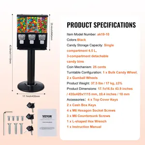 VEVOR Commercial Vending Machine, Triple Compartment Candy Dispenser with Iron Stand, Gumball and Candy Machine for Business, Coin Operated Gumball Bank for Toy Capsules Bouncy Balls Candy Nut, Black