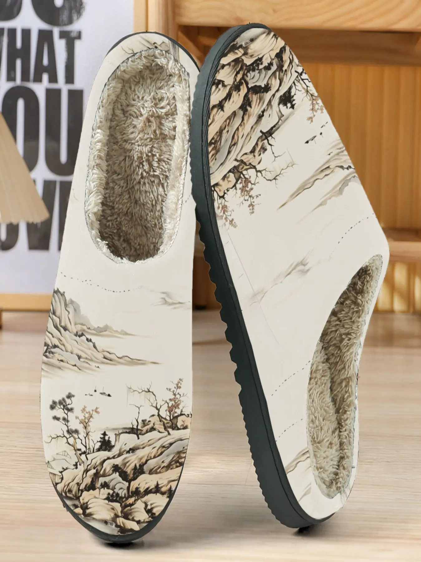Chinese Ink Wash Landscape Cotton Slippers, Light Base, Traditional Style, Soft Plush Lining, Casual Home Comfort, Fall & Winter