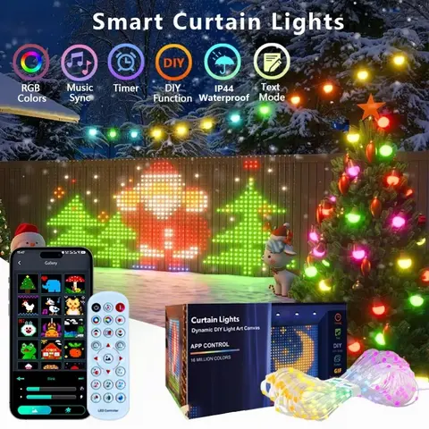 App-controlled smart curtain lights. 400 LEDs sync to music for custom text patterns. Christmas Halloween party wedding indoor outdoor string lights. Multicolor Led Lighting