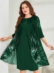 Plus Size Floral Aesthetic Two-Piece Dress, Casual Wear, Sheer Chiffon Top + Inner Layer, Belly Concealing Slimming Skirt, Women's Fashion Clothing