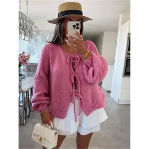 Women's Solid Color Tie Front Drop Shoulder Cardigan, Casual Long Sleeve Knitwear for Fall & Winter, Fashion Women's Knit Clothing for Daily Wear