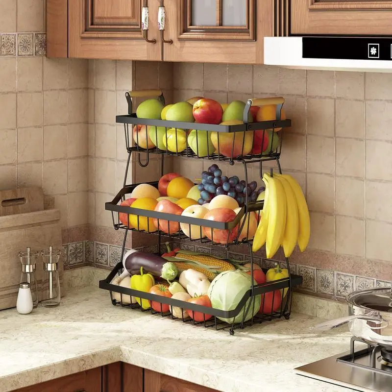 Wisdom Star 3 Tier Fruit Basket Bowl Organiser, Detachable Metal Bread Fruit Vegetable Storage Basket Stand Holder with Wooden Handle, Black Racks