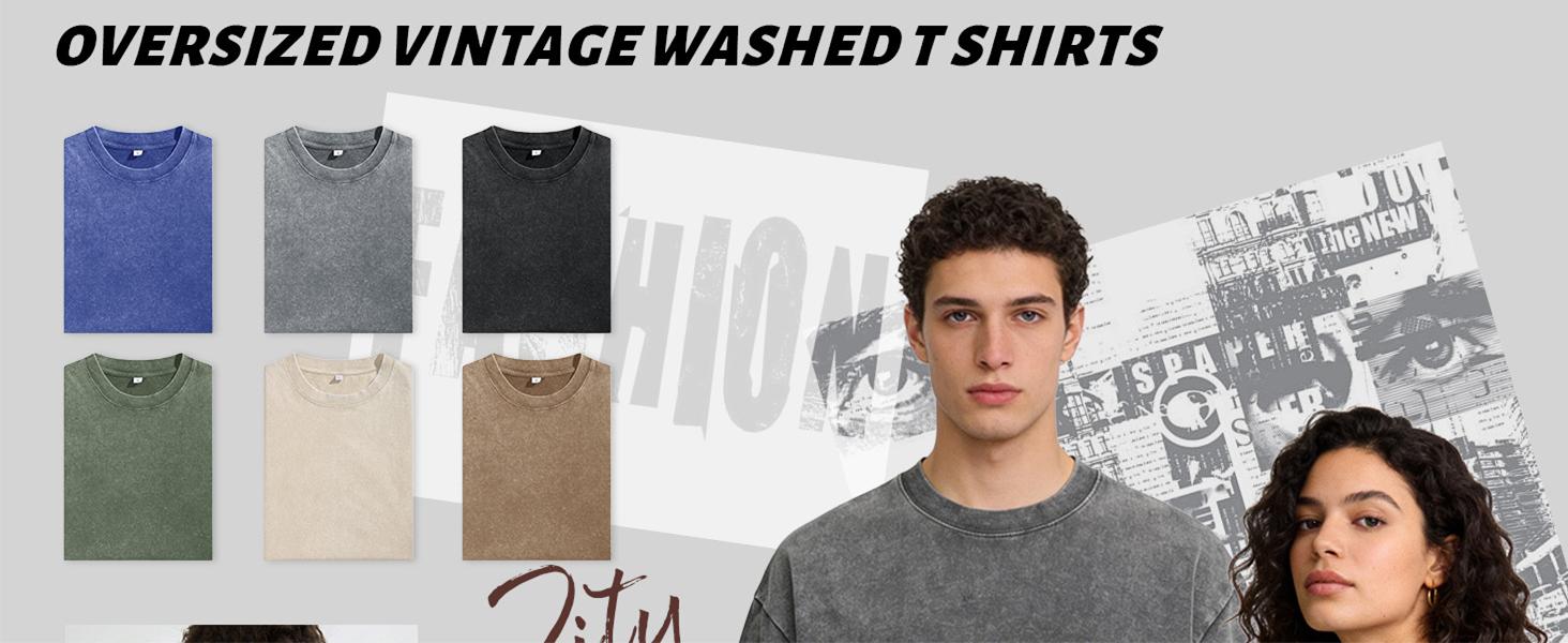 Men’s 2 Pack Vintage Acid Wash T Shirts – 100% Cotton Oversized Crewneck Gym Streetwear Tees (Black & Gray)