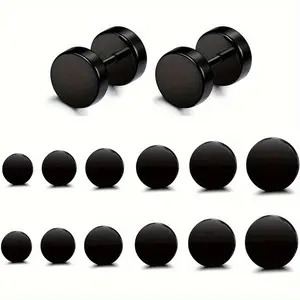 Stainless Steel 6 Pairs Black Stud Earrings for Men Women Fake Gauges Dot Ear Studs 3-8mm Round Casual Jewelry 316L Safe Shiny