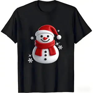 Black Snowman Christmas T-Shirt for Men and Women, Short Sleeve Unisex Holiday Party Casual Tee, Winter Gift Shirt