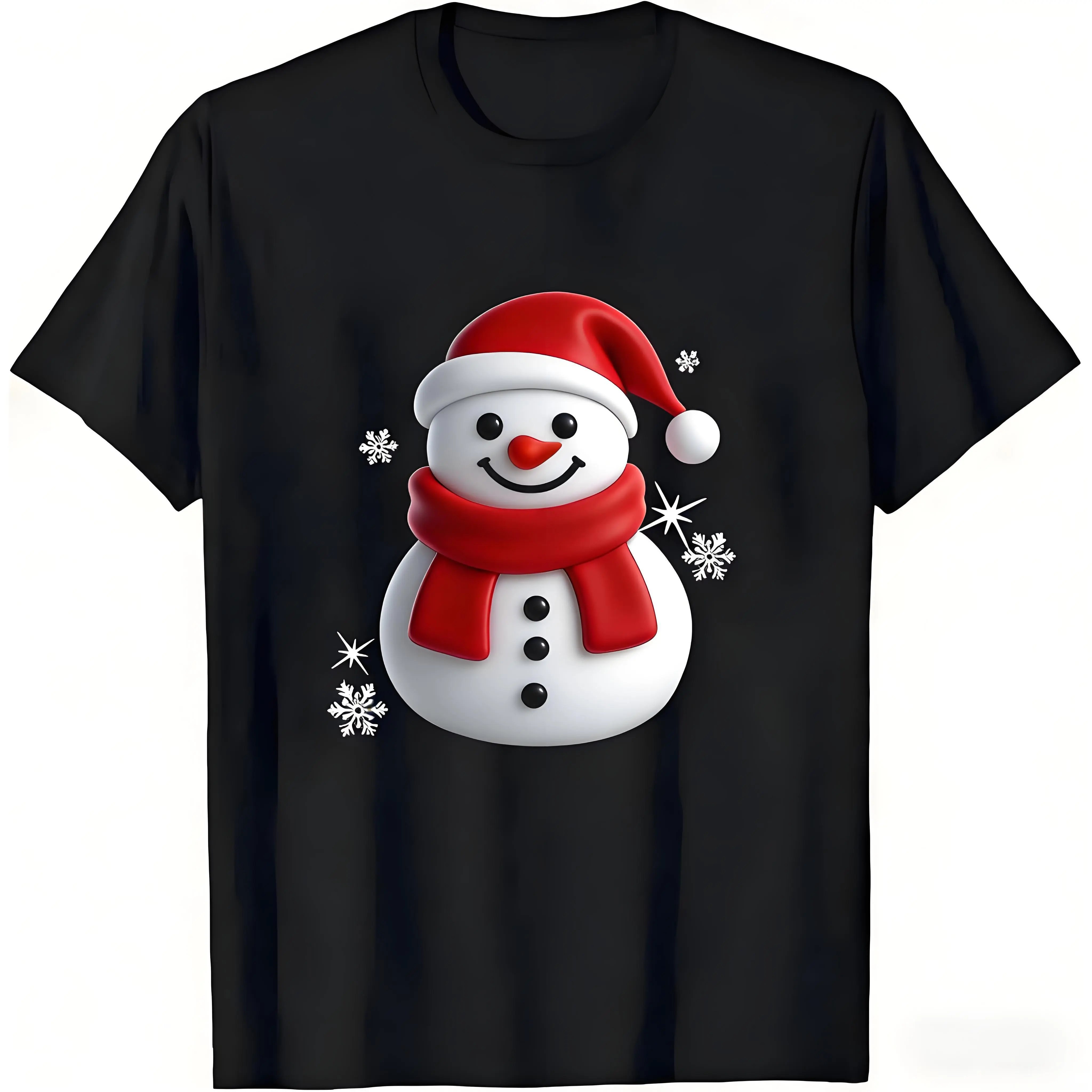 Men's & Women's Black Snowman Christmas Cotton T-Shirt - Baggy Short-Sleeve Unisex Holiday Party Casual Winter Gift Tshirt