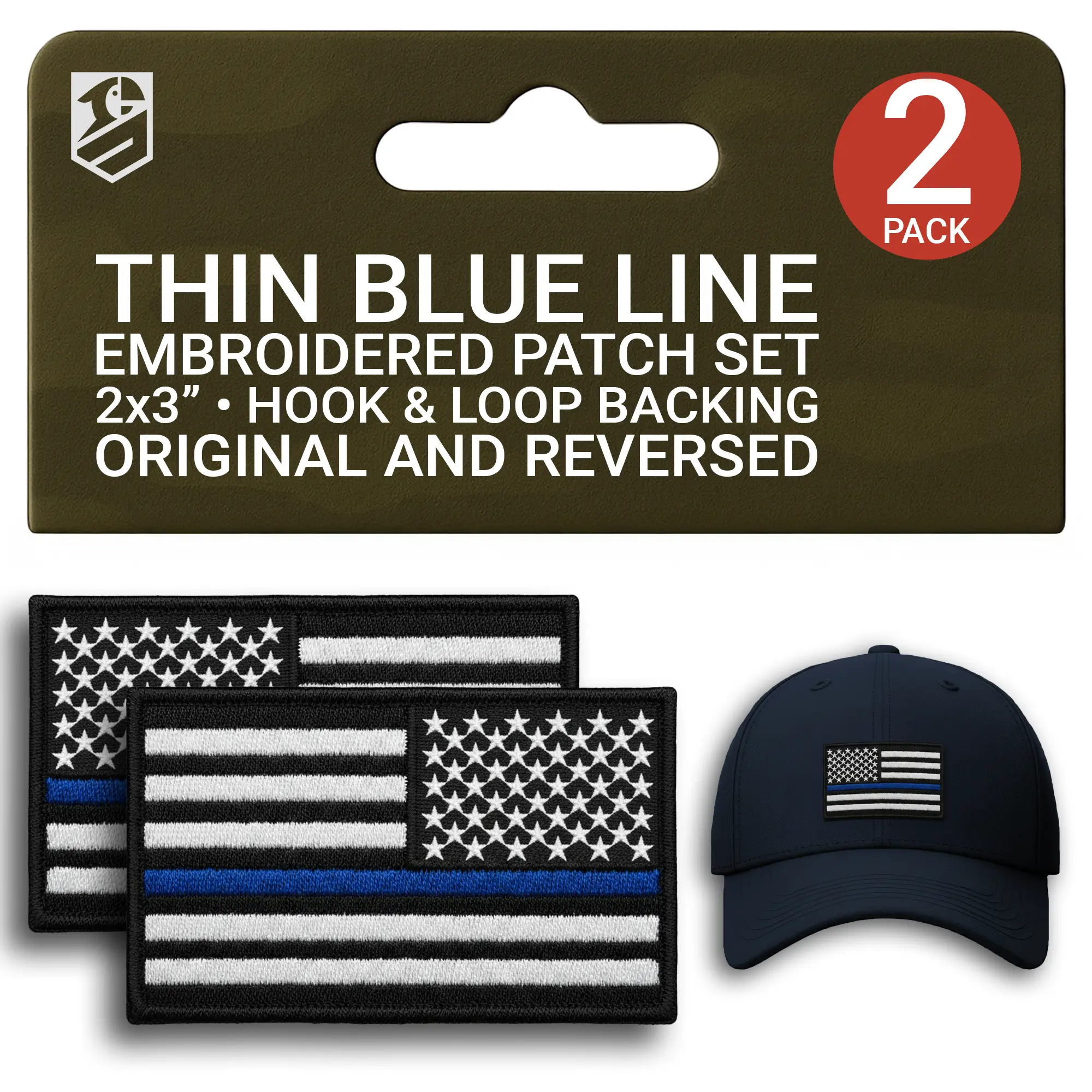 Thin Blue Line Flag Patch Set – 2Pcs Embroidered Regular & Reversed American Flag Tactical Patches 3x2 Inches