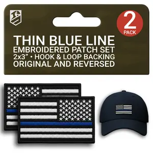 Thin Blue Line Flag Patch Set – 2Pcs Embroidered Regular & Reversed American Flag Tactical Patches 3x2 Inches