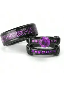 Couple Ring Bridal Set His Hers Black Gold Plated Blue CZ Stainless Steel Wedding Ring Band