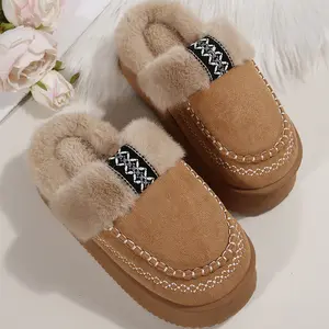 Women's Slippers Plush Lined Platform Mules Embroidered Suede Slippers Cozy Winter Indoor Outdoor Shoes