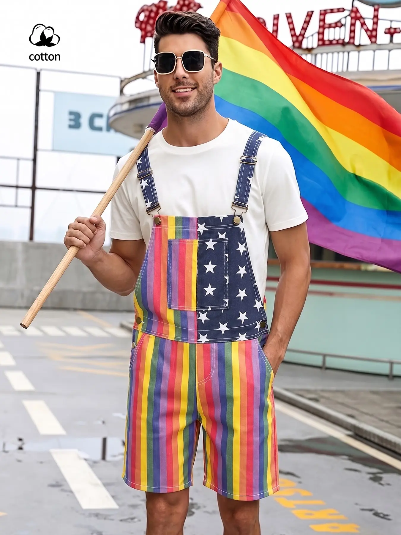 Men's star-striped American flag denim braces shorts, Overalls, loose straight-cut denim jumpsuit, suitable for Casual, Independence Day parties, outdoor camping