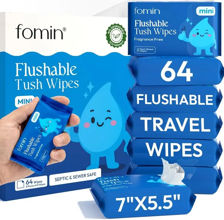Fomin Compact Travel Flushable Wipes 8 Pack (64 Wipes Total) - Unscented Travel Size Wet Wipes for Adults - pH Balanced, Biodegradable, Plant-Based - Hypoallergenic Tush Wipes for Women & Men