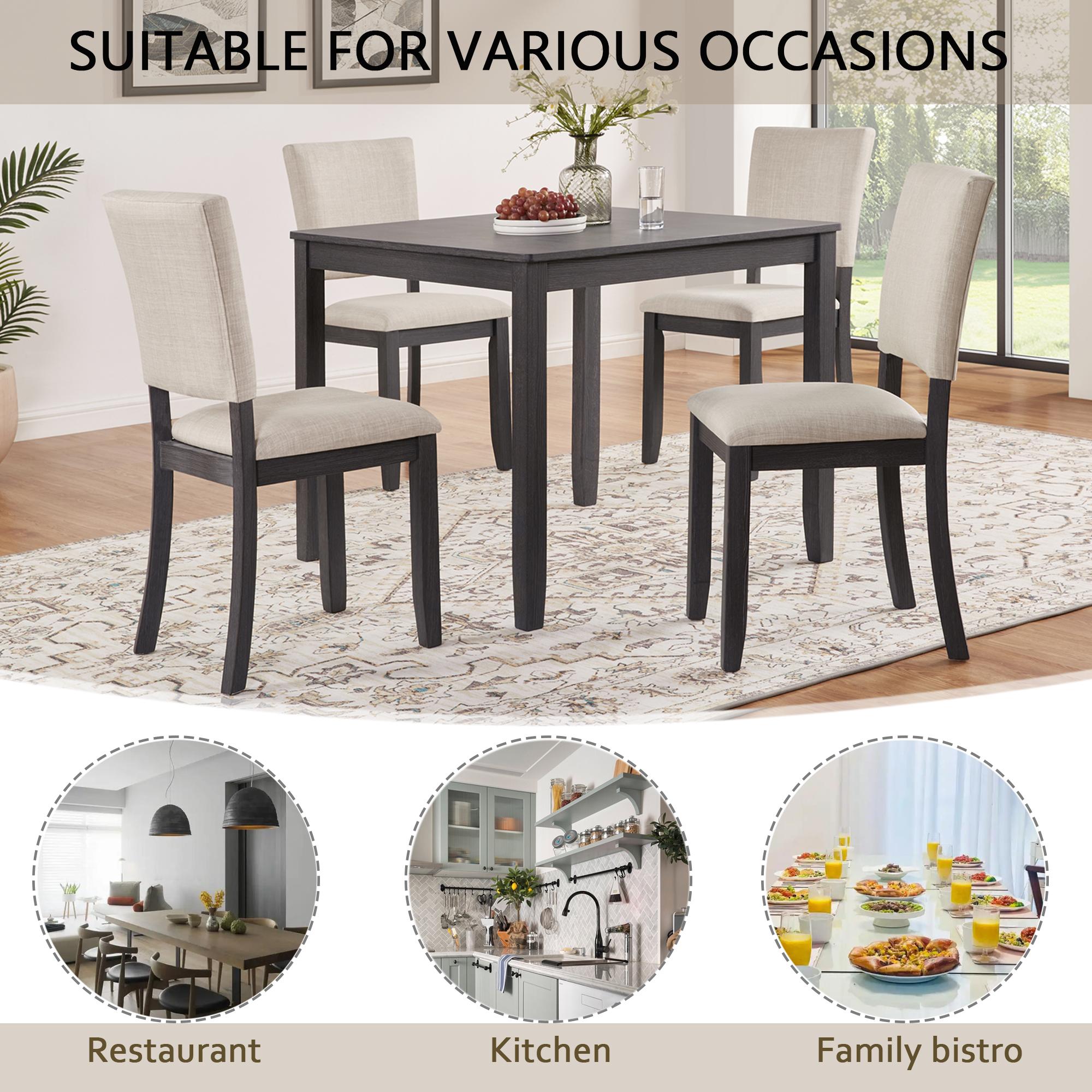 5-Piece Wooden Dining Table Set for 4 People, Modern Kitchen & Dining Room Furniture with 4 Chairs, Light Oak Beige/Antique Black Beige