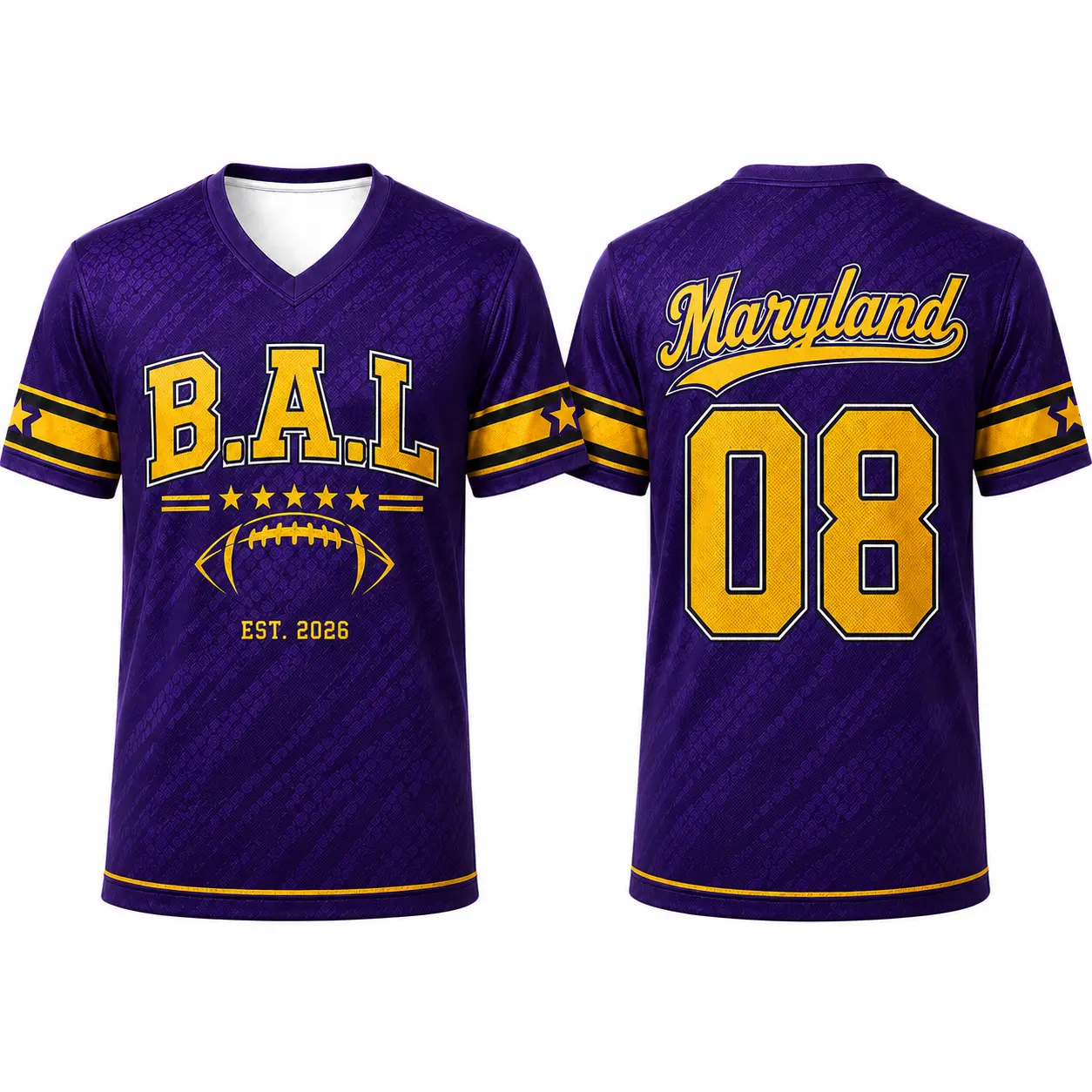 B.A.L 08 V-Neck Football Style Jersey - Men's/Women's Purple Gold Maryland-Inspired Short Sleeve Athletic Top for Game Day, Casual Wear tiktokshopbacktoschool, Compression Shirts, Sporty Chic, Athletic Fit, Football Fashion, V-Neck Cut, Tailgates