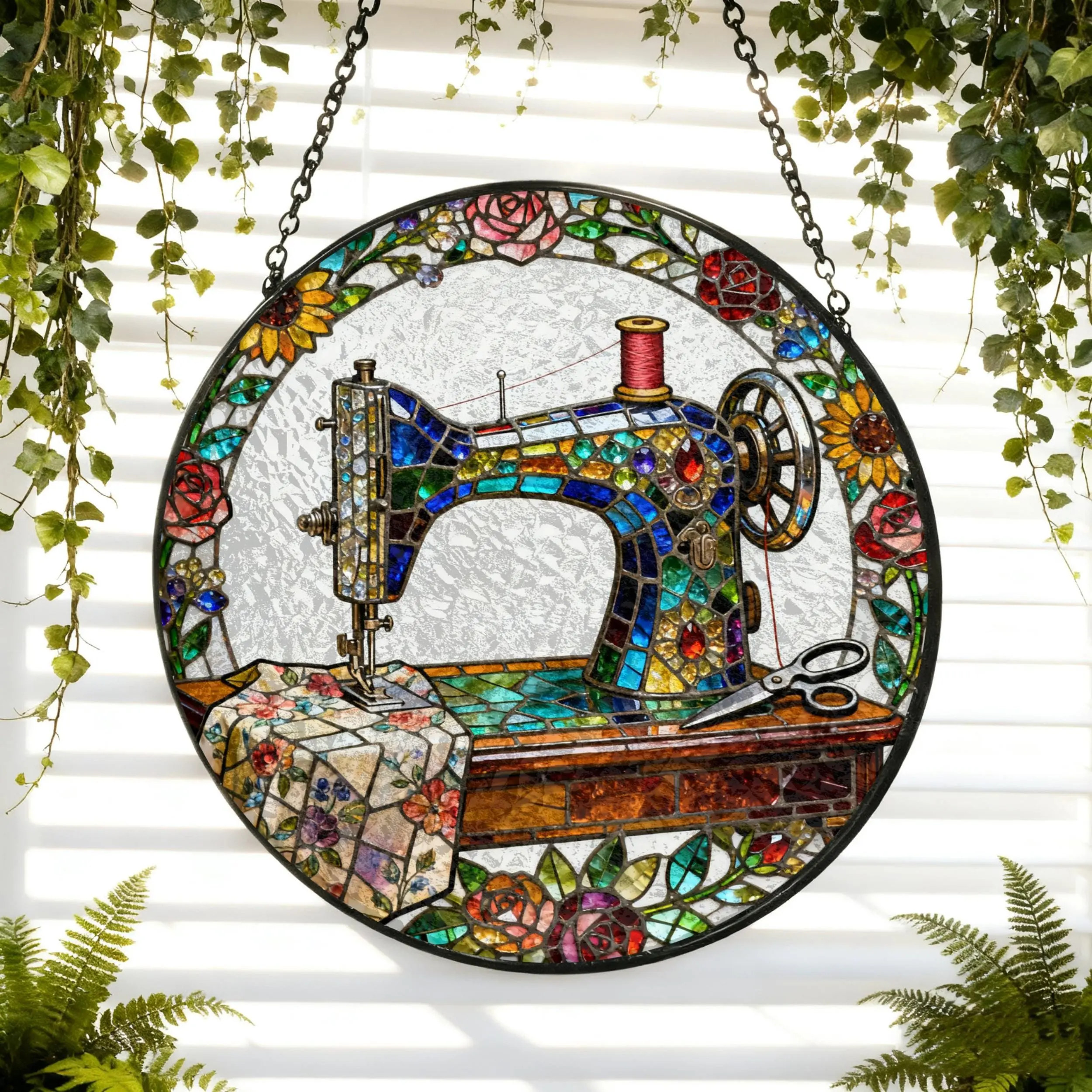 [Made in US] Suncatcher Stained Glass Sewing Machine Quilting Ornament Window Hanging Quilter Lover Gift Tailor Shop Decor