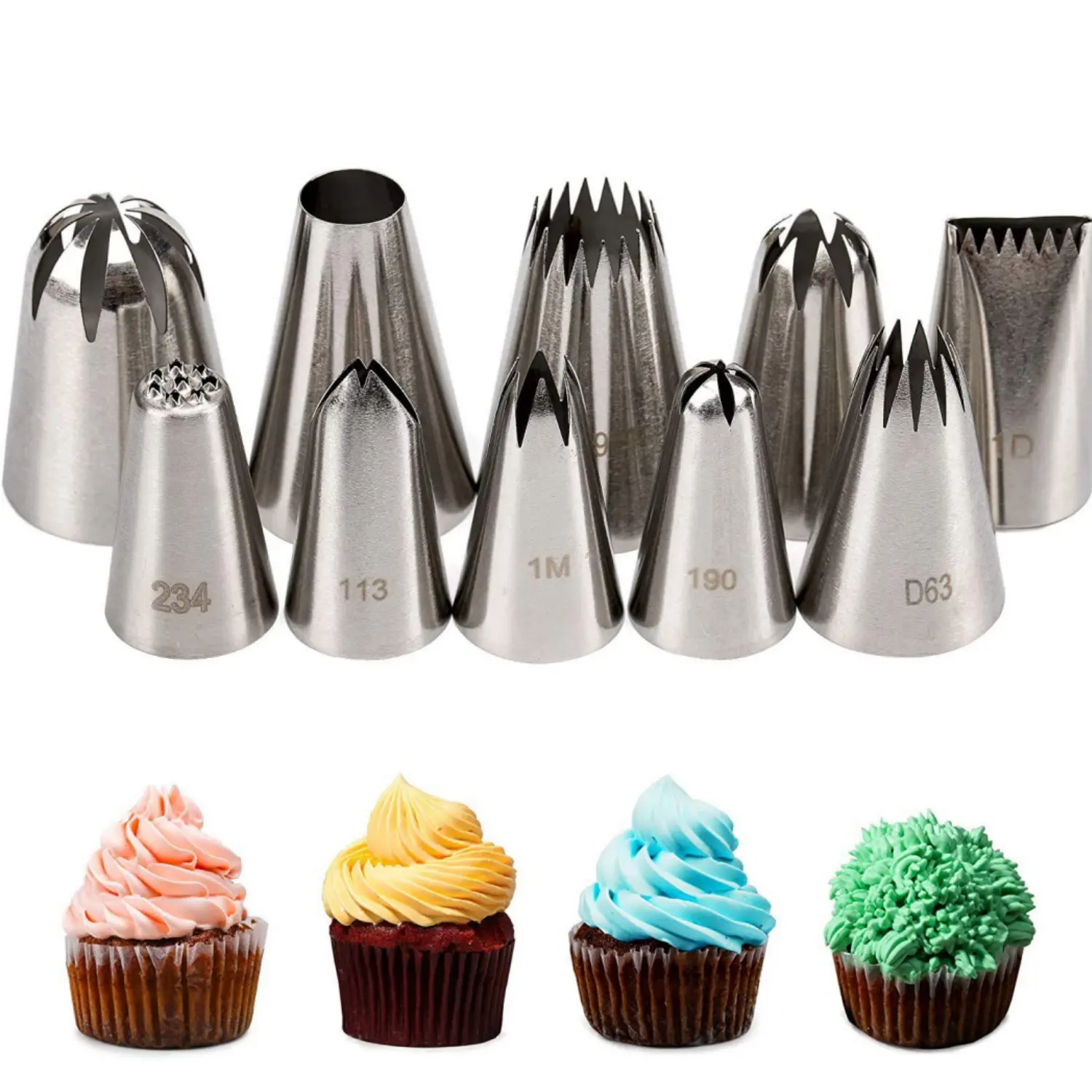 Stainless Steel Cake Decorating Nozzles Set (10Pcs) with 50 Disposable 12in Frosting Pastry Bags, Basket Weave & French Star Tips, Mess-Free Baking Tools for Cupcakes - Home Improvement Building Supplies
