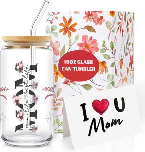 Gifts for Mom from Daughter Son, Mothers Day Birthday Gifts for Mom, Stocking Stuffers for Women, Glass Cups with Lids and Straws,16oz Iced Coffee Cups