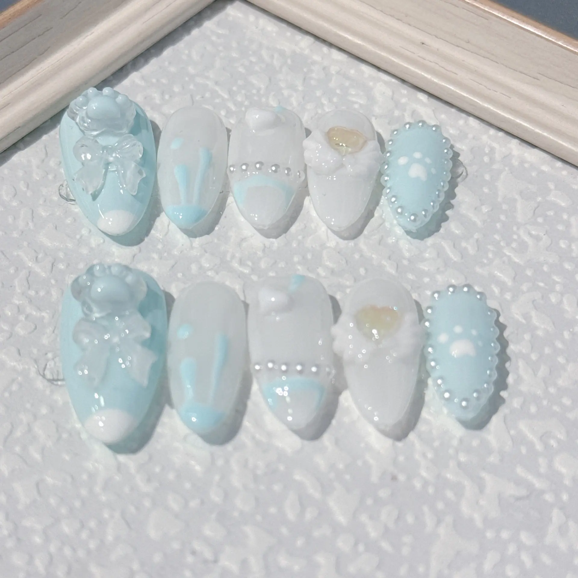 Handmade Blue Kawaii Cinnamoroll Style Press on Nails - Long Almond/Oval Shape with 3D Charms, Bows & Pearls, Luxury Reusable Fake Nails with Tool Kit