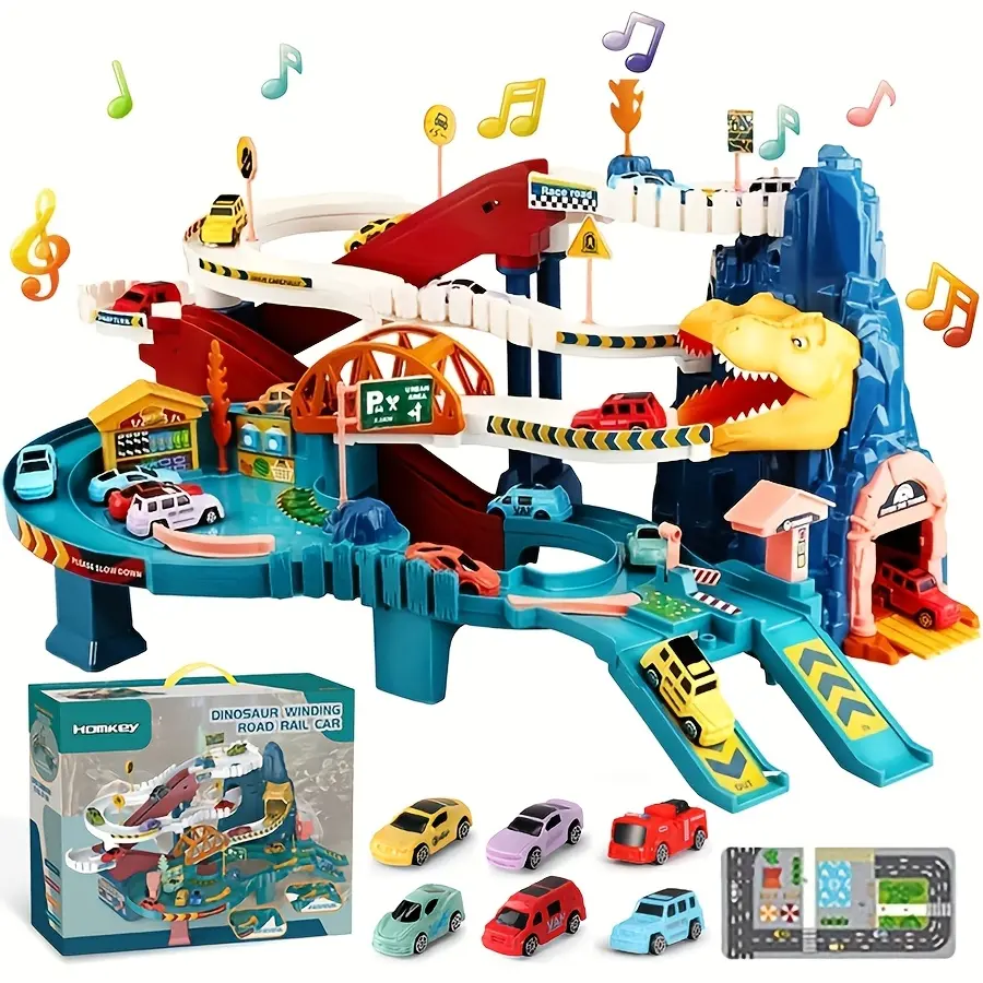 Toy Car Ramp Track Dinosaur Climbing Hills Railcar Colorful Vehicles Construction Play Set with 12 Mini Racer Cars and Track for Preschool Gifts Kids Ages 3 Years and Older (Dinosaur Hill)